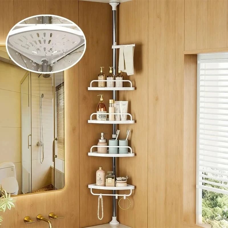 No Drill Telescopic Corner Shelf Shower Adjustable Height Bathroom Shelf Organizer with 360° Rotating Towel Bar Quick-Drain Rack