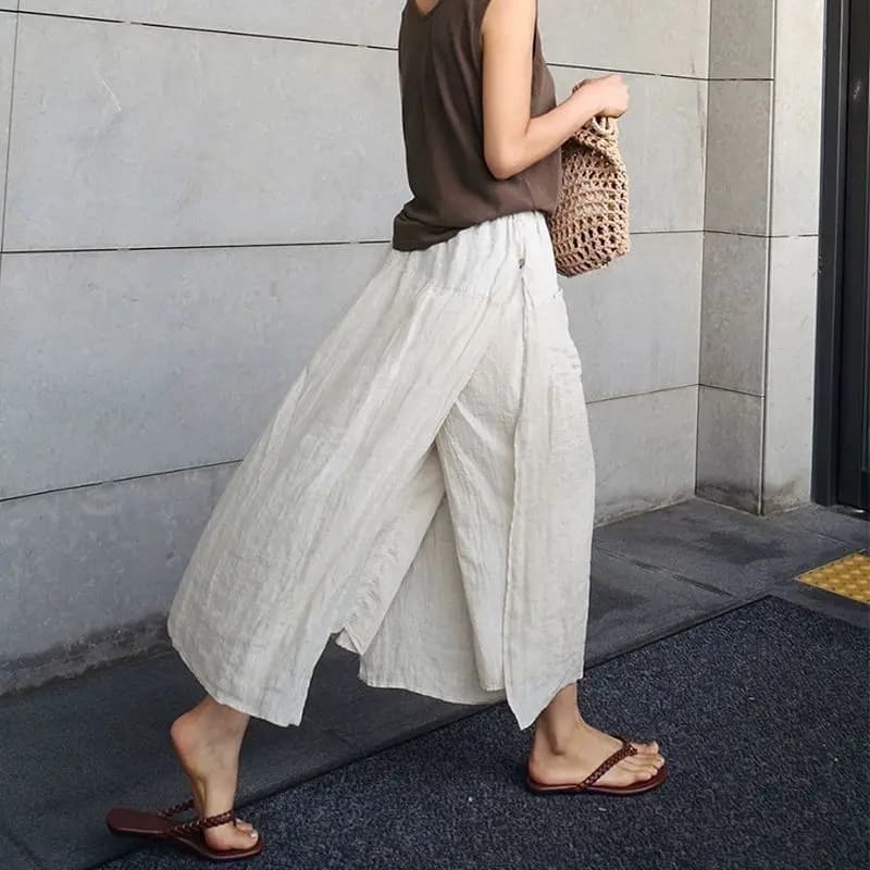 Casual Cotton Linen Blend Women's Spring Summer Loose Fit Plus Size Side Slit Cropped Pants Two-Piece Bottoms Skirt