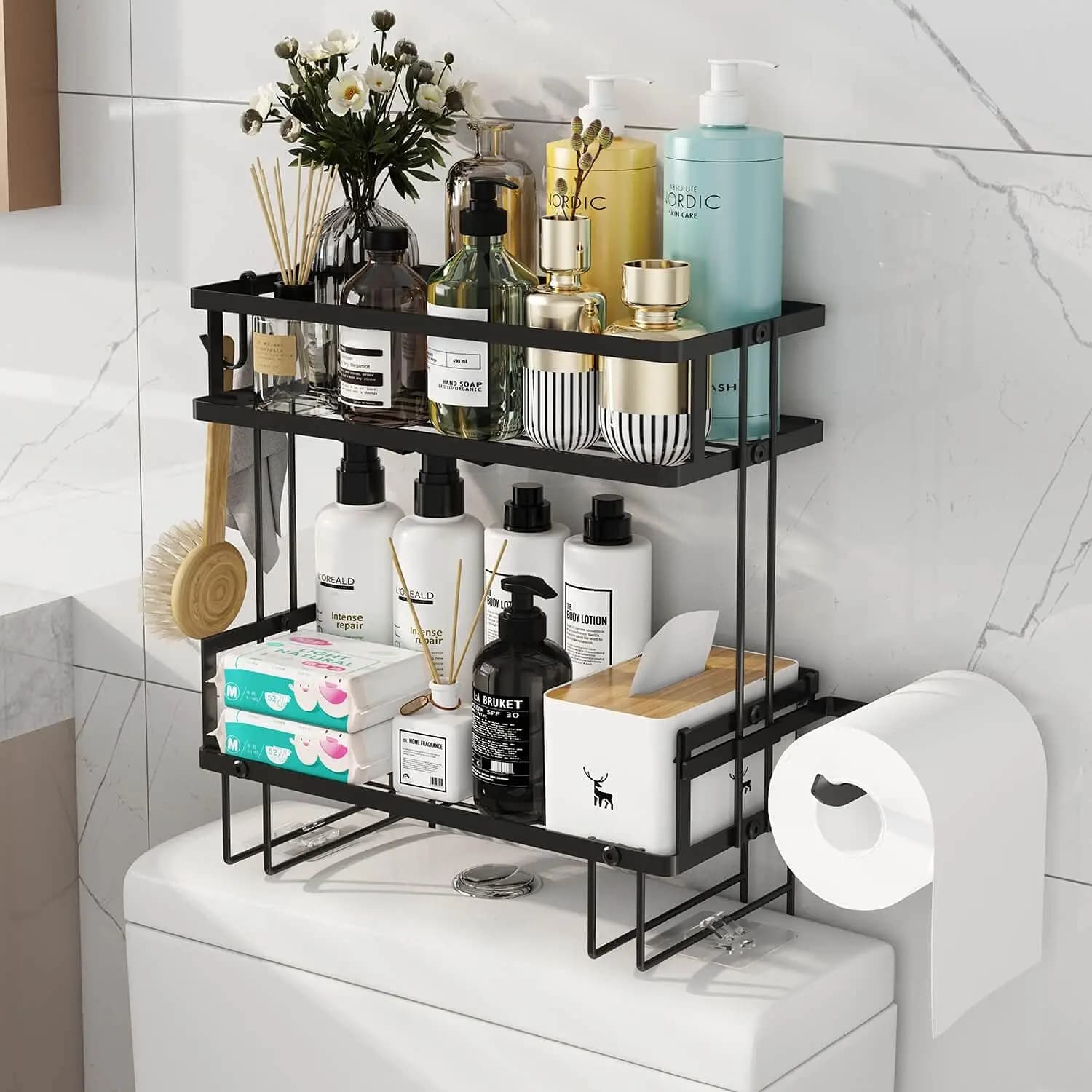 Organizzatore da Bagno a 2 Ripiani Sopra il WC con Mensole Fluttuanti, Ganci e Portarotolo - Elegante Organizzatore per Donne, Nero
