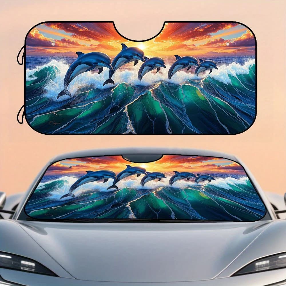 1pc Ocean Dolphin Jumping Wave Print Car Windshield Sun Shade - Foldable Front Sun Visor With UV Protection & Heat Reduction, Du