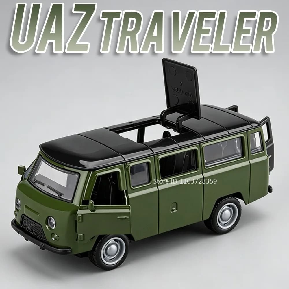 1:36 Model Toy UAZ Traveler Miniature Cars Alloy Diecast Pull Back Doors Opened Simulation Interior Educational Vehicle Models