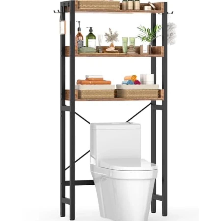 Scaffale portaoggetti da bagno a 3 livelli sopra il WC, in metallo marrone rustico, salvaspazio, design autoportante con 4 ganci