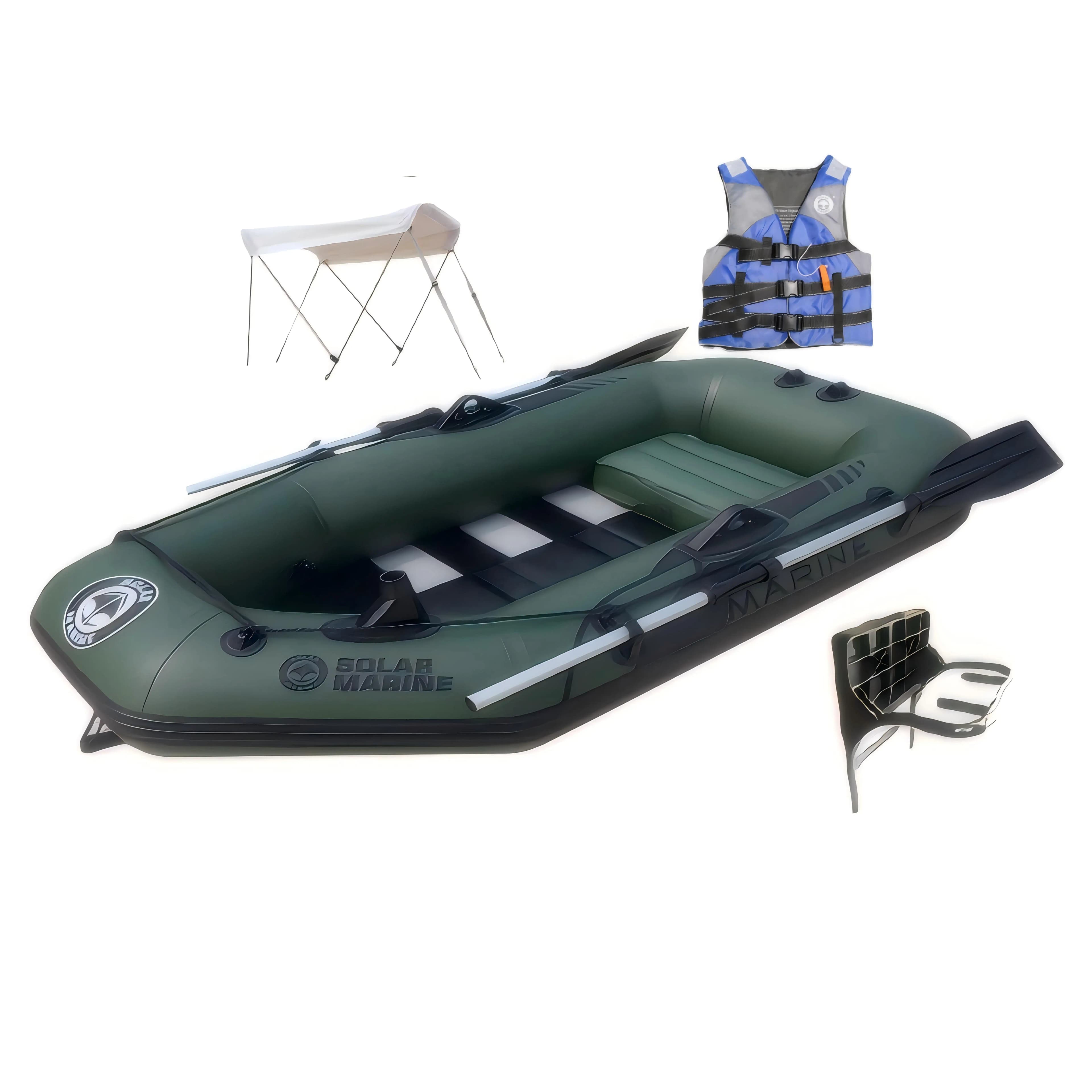 Solar Marine Pavimento in legno per 2 persone 200 cm 2 M 6,6 piedi Barca da pesca a remi con tenda di lusso Giubbotto salvagente e staffa di installazione fuoribordo