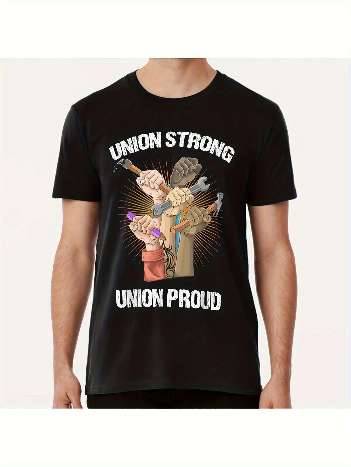 T-shirt grafica da uomo Heavyweight Union Strong & Union Proud - Design vintage del Partito Labor con stampa di un operatore edile