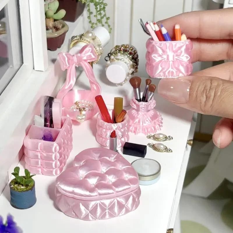 Scatola portaoggetti cosmetica in miniatura rosa, 1 mini custodia organizer per la decorazione del desktop della camera da letto della casa delle bambole