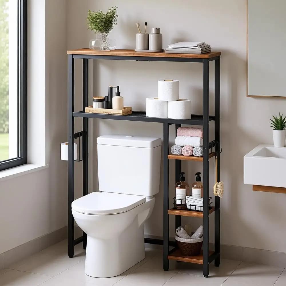 Mobiletto portaoggetti per WC con 5 ripiani, porta carta igienica, ganci, nero rustico e marrone