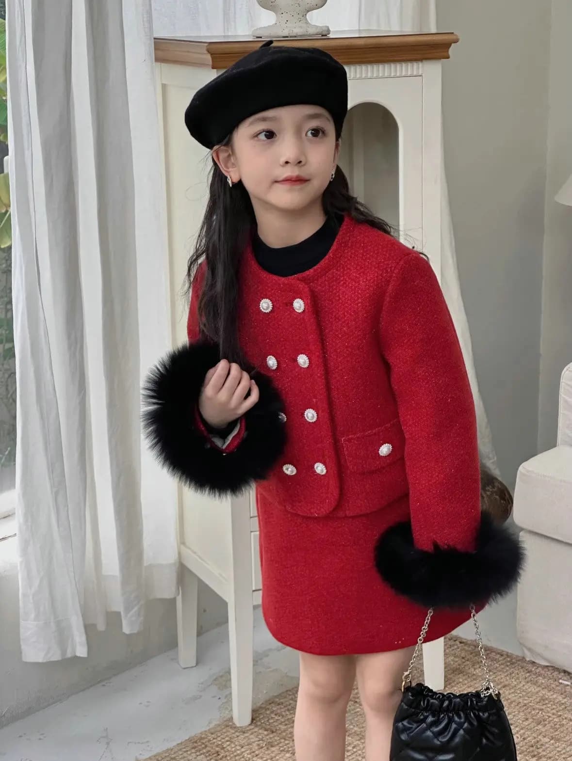 Design autunno inverno vestiti della neonata Set polsino di pelliccia girocollo giacca di cotone di lana grossa + gonna 2 pezzi abiti da bambino di natale