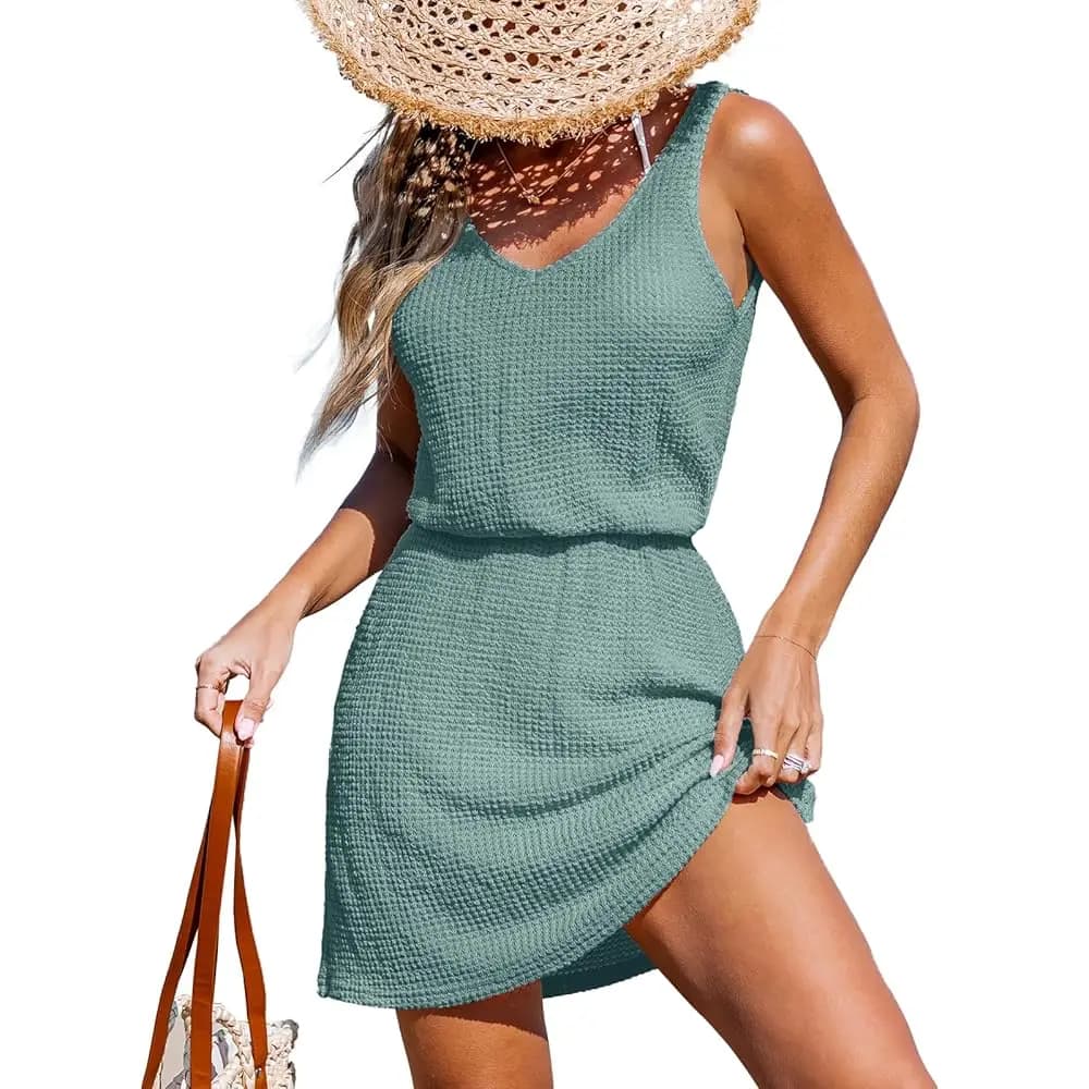 Copricostume da donna con scollo a V, senza maniche, in maglia waffle, per la spiaggia