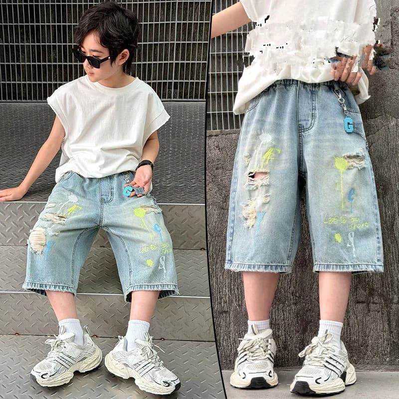 Shorts in denim blu strappati da designer per bambini, pantaloncini casual streetwear per ragazzi dai 5 ai 14 anni