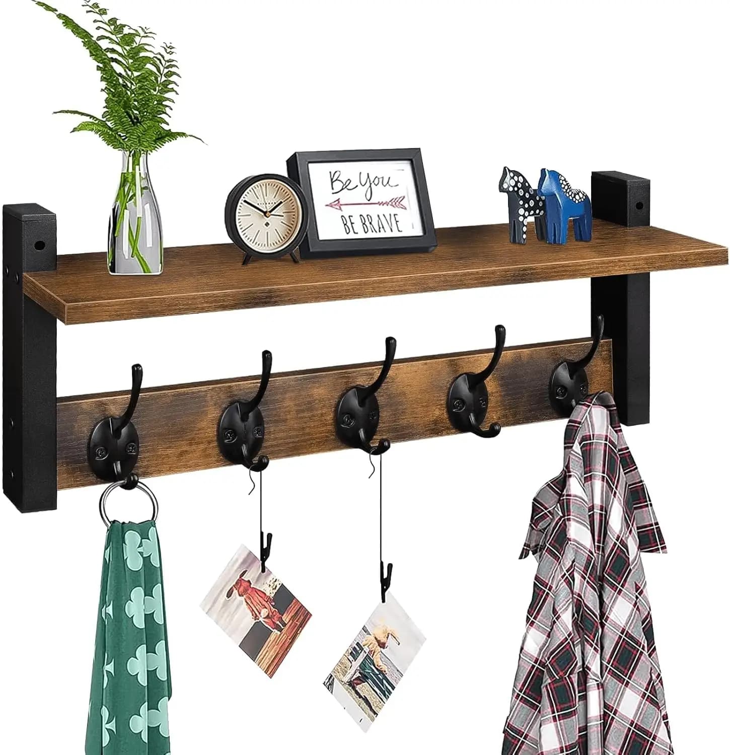 Wall Hooks with Shelf, Wood Coat Rack Wall-Mounted with 5 Metal Hooks for Hats Towels Purses, Entryway Bathroom Mudroom, Rustic