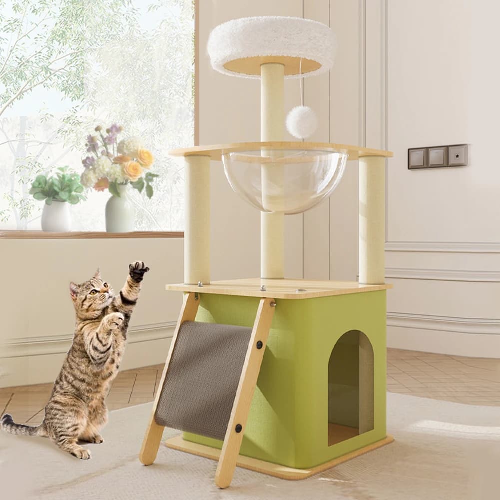 Albero per Gatti Verde con Piattaforma di Salto in Peluche, Palla Sospesa, Struttura per Arrampicata, Torre Multilivello per Gatti, Prodotti per Animali Domestici