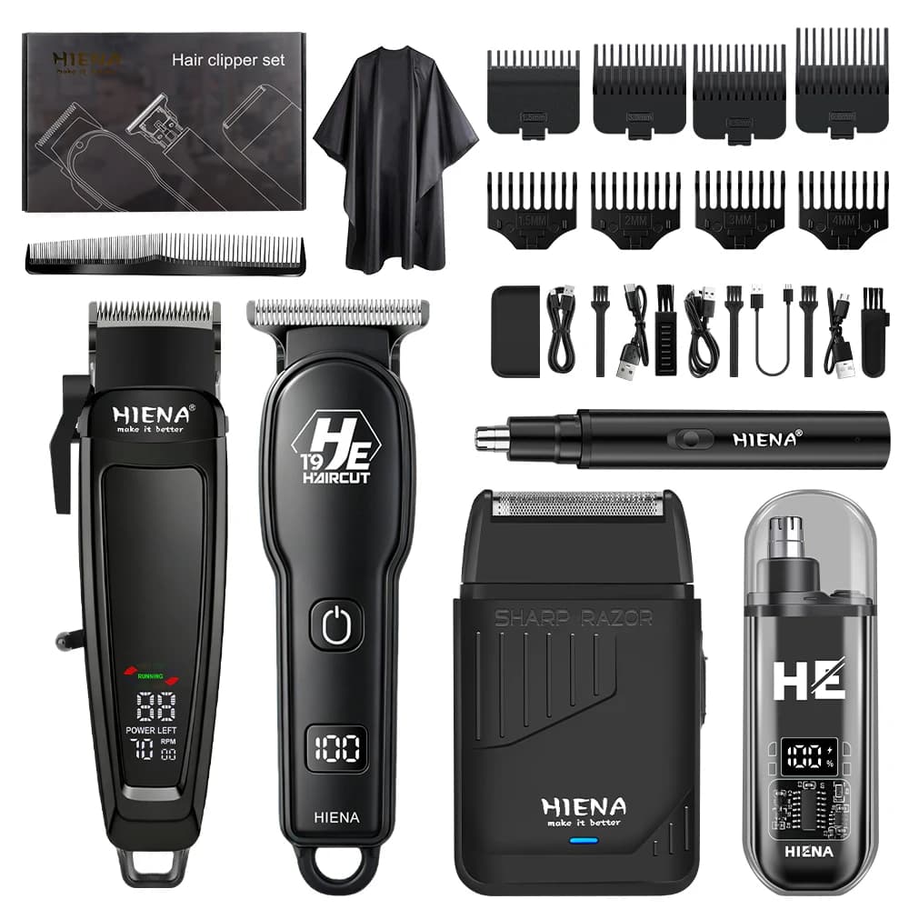 HIENA 4IN1 Cordless Hair Clipper T9 Trimmer Shaver Nose Trimmer LED USB Barber Kit for Men Salon Home