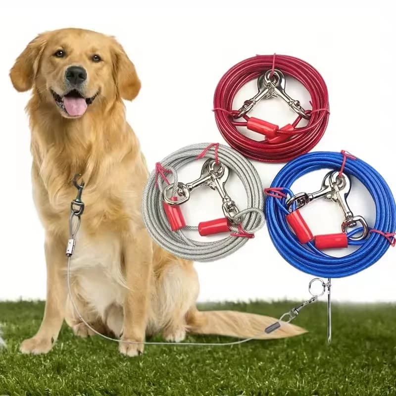 3m Steel Wire Dog Tie Out Cable 5mm Heavy Duty Double Ended Leash with Metal Hooks for Large Dogs Yard Outdoor Camping