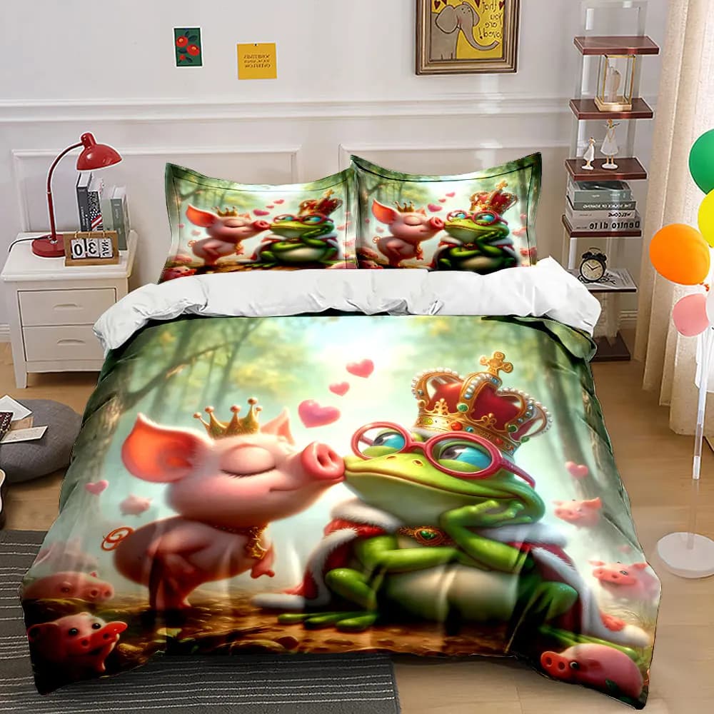 Cartoon fairy tale Little Pig kisses Frog Prince Print Bedding Set 1 Duvet Cover 2 Pillowcases for Adult Children Luxury Gift