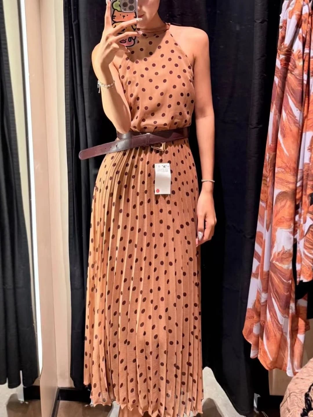 Sweet Polka Dot Backless Midi Dress Women's Casual Style No Brand A-Line Skirt round Neckline Sleeveless Autumn Collection