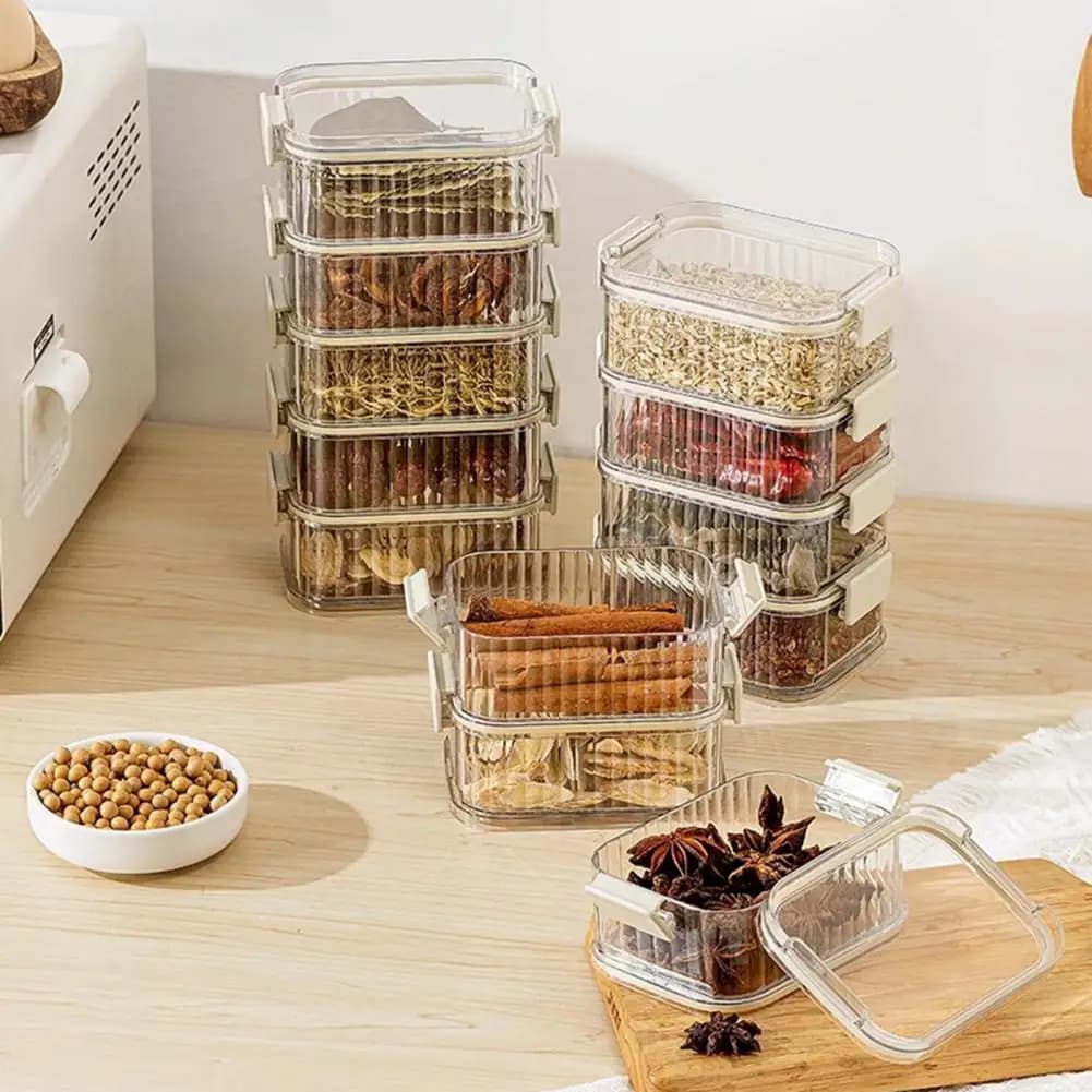 Contenitore per Spezie con 4/5 Scomparti, Organizzatore da Cucina Ermetico e Trasparente, Contenitore per Preparazione Pasti