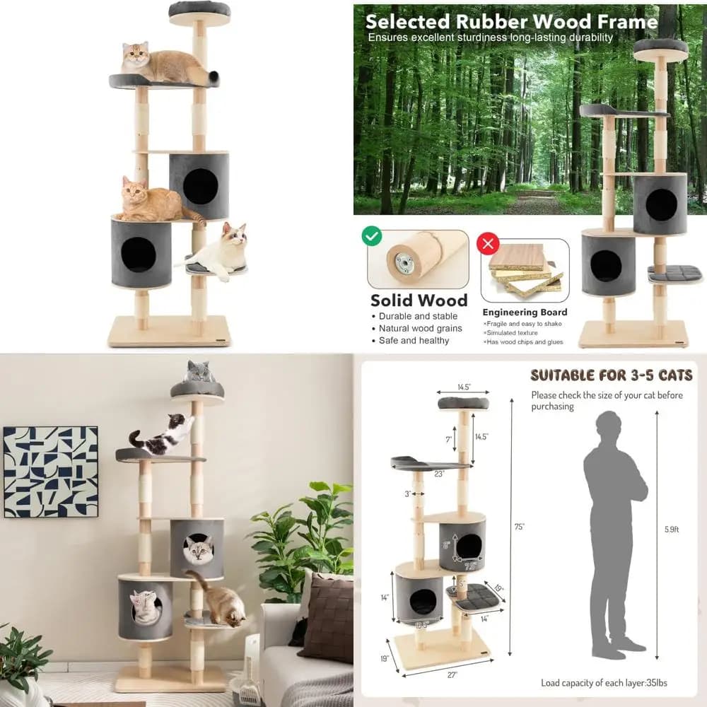 Albero per gatti da 75 pollici di Tangkula, legno di gomma naturale con tiragraffi in sisal, persico superiore e accessori staccabili