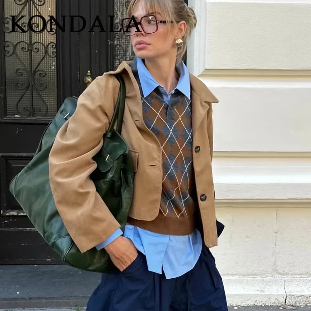 KONDALA 2025 Camicie POLO da donna scozzesi vintage autunno inverno Moda elegante pullover lavorato a maglia Camicie chic da donna marroni