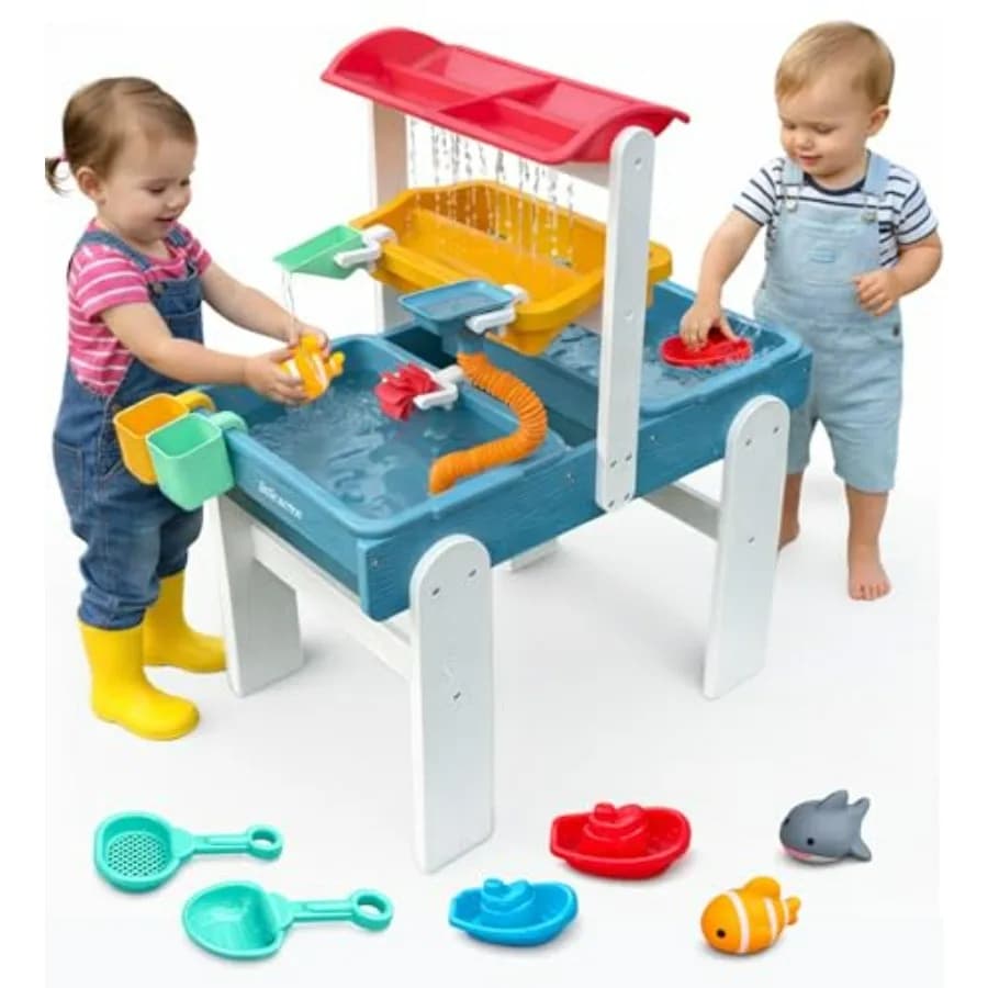 Tavolo da Gioco con Acqua e Sabbia per Bambini 1-3 Anni, Design in Plastica Resistente Blu con Divertenti Beccucci e Vaschetta