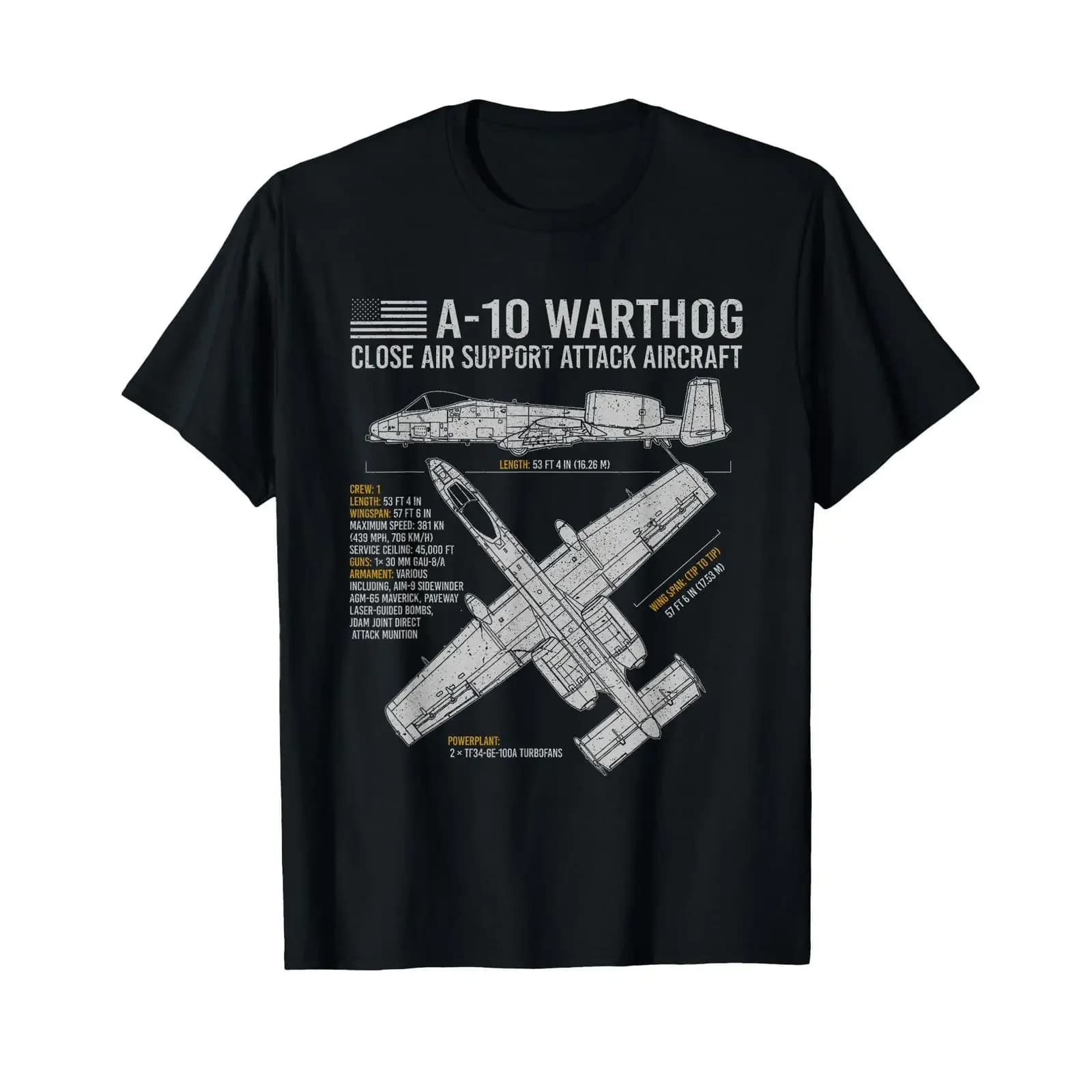 T-shirt A 10 Warthog Thunderbolt II Aircraft Airplane Blueprint Fact vintage lavata uomo donna moda unisex grafica versatile