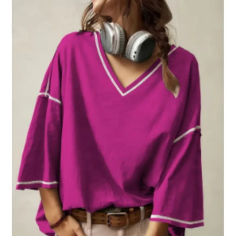 Hot Style Chic Color Blocked Women's Loose Top Summer Fashion Bat Sleeves V-neck Tops Simple Style Versatile Lady Office Blouses