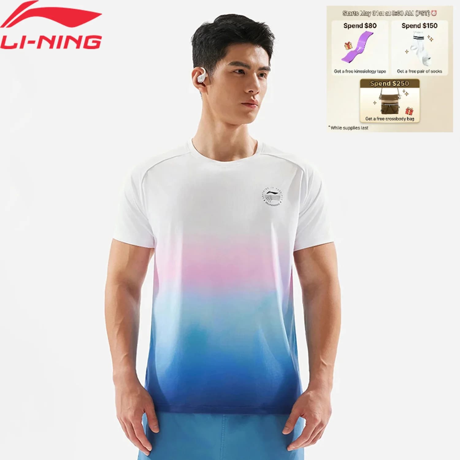 T-shirt da corsa da uomo Li-Ning AT DRY 100% poliestere Vestibilità regolare Traspirante Riflettente LiNing Sports Pullover ATSV091