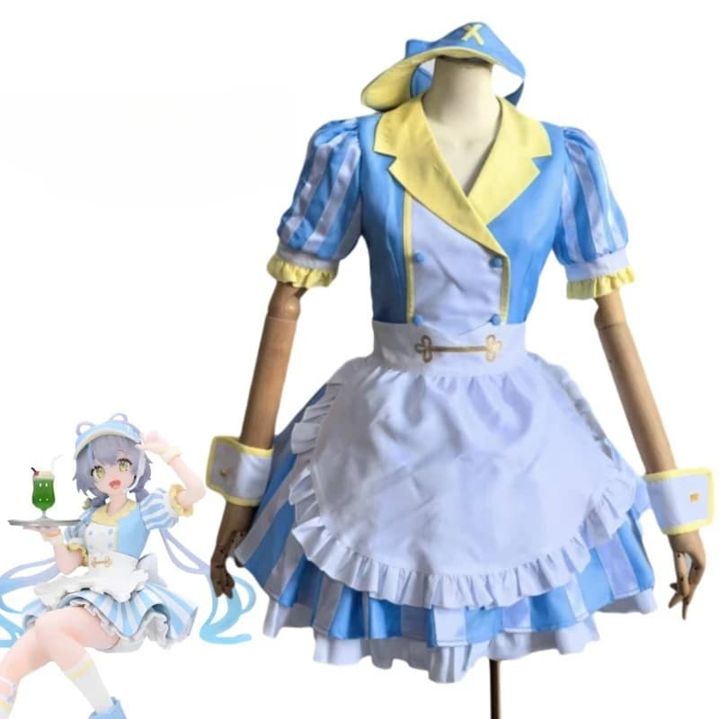 Luo Tianyi Roller Skating Waitress Cosplay Costume Full Set (Hat+Top+Skirt+Apron) Women Dress Halloween Party