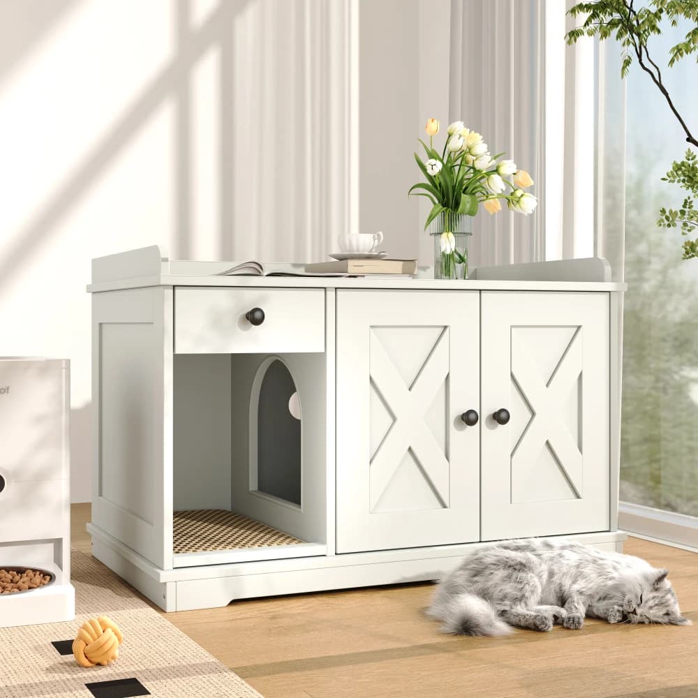Custodia per lettiera per gatti GO: nascosta con tappetino, tavolino per gatti da interno in stile fattoria con cassetto portaoggetti, bianco