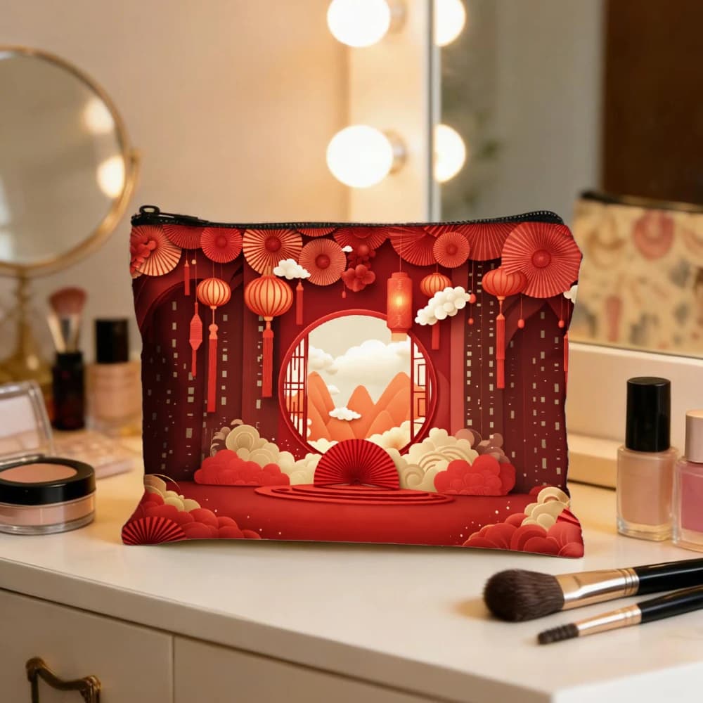 Borse per il trucco con lanterne rosse, nuvole e montagne, per ragazze, pochette per cosmetici, borsa da toilette, astuccio per matite, custodia da viaggio