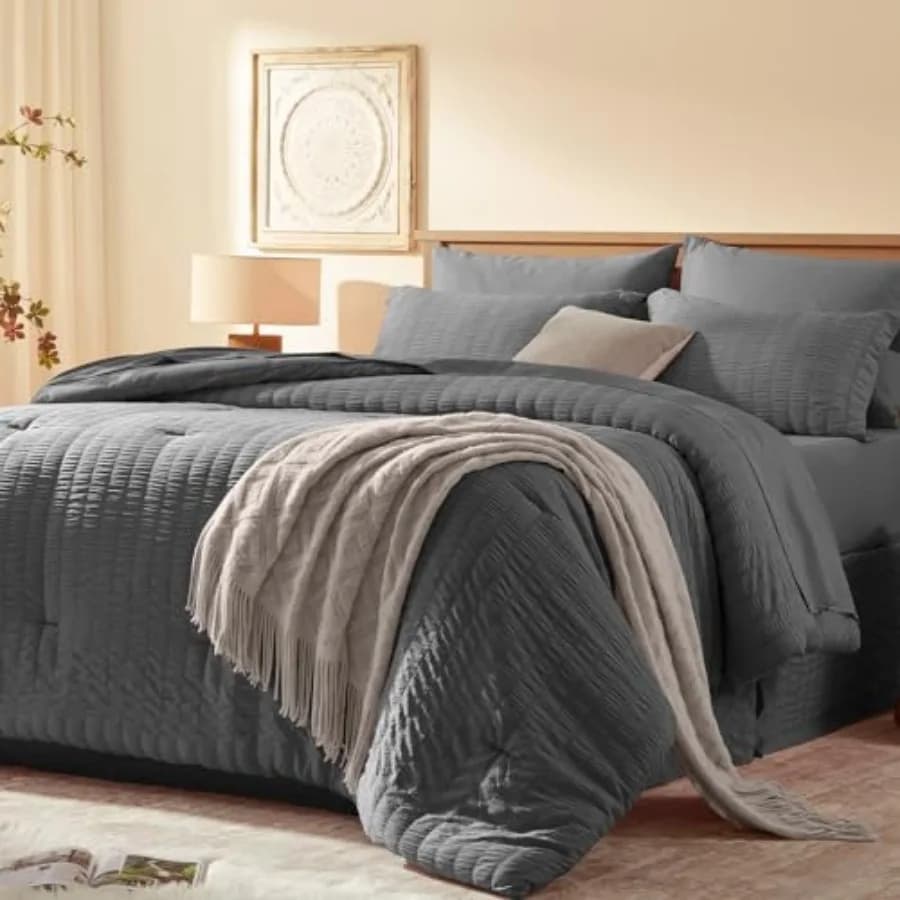 Set Copripiumino Matrimoniale 8 Pezzi, Set Letto Completo in Seersucker, Copripiumino Grigio Scuro con Lenzuola, Set Biancheria da Letto Matrimoniale