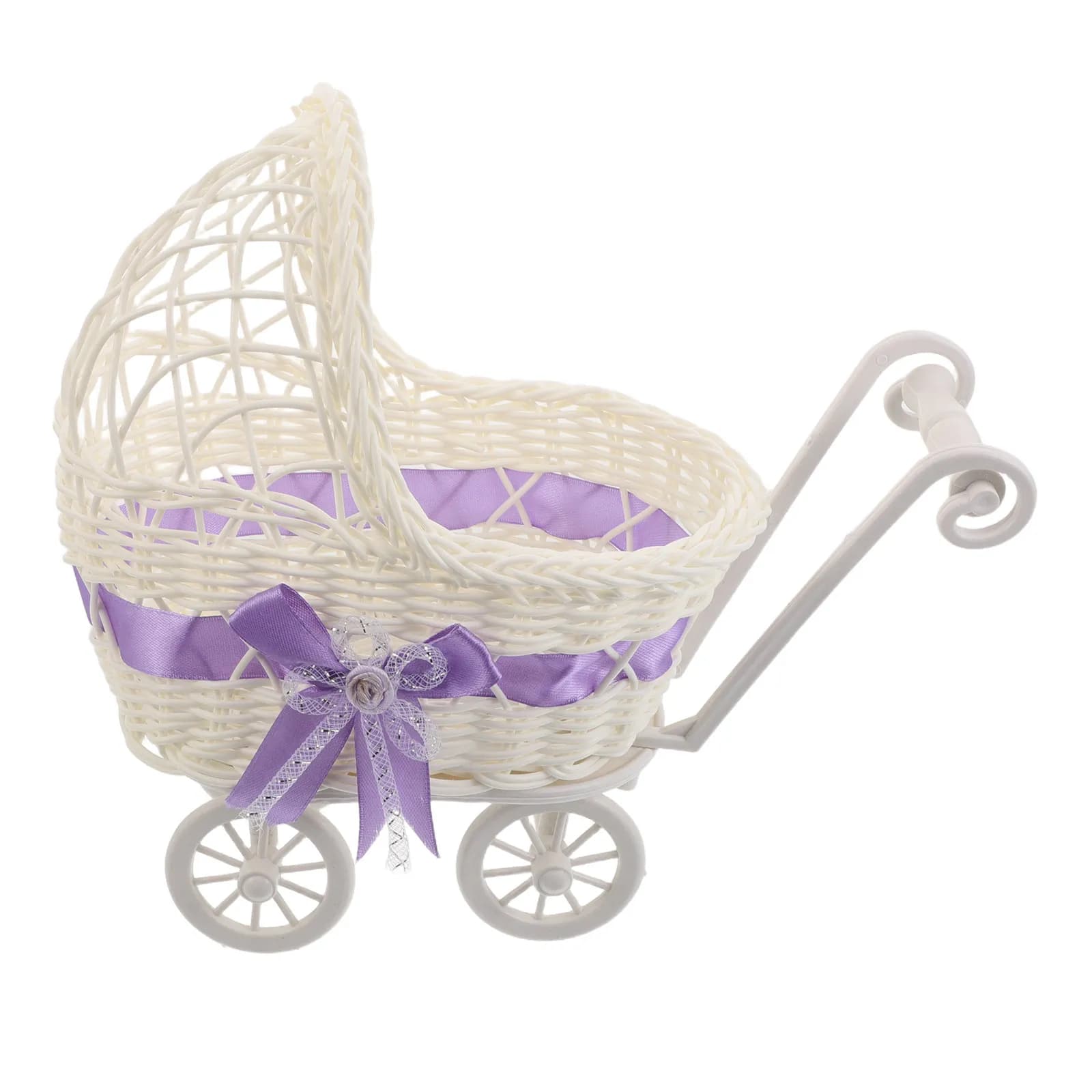 Mini Trolley Shaped Woven Flower Basket Imitation Rattan Candy Cart for Wedding Shower Party Decor Chocolate Dried Fruit