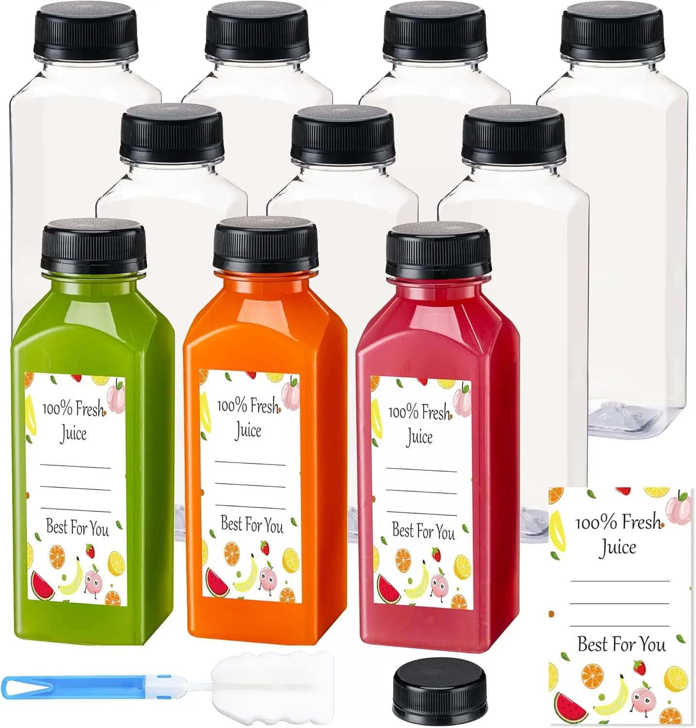 10 Bottiglie di Plastica da 12oz per Succhi con Tappi, Bottiglie d'Acqua Riutilizzabili Trasparenti per Succhi, Frullati, Etichette e Pennello Inclusi