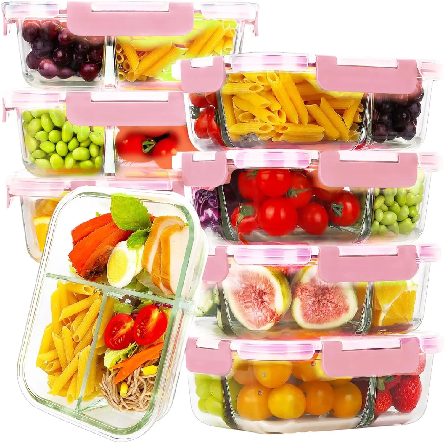Set of 8 Glass Containers for Pasti Preparation with 3 Parts, 36oz Glass Containers with Covers, Airtight Glass Box for Lunch