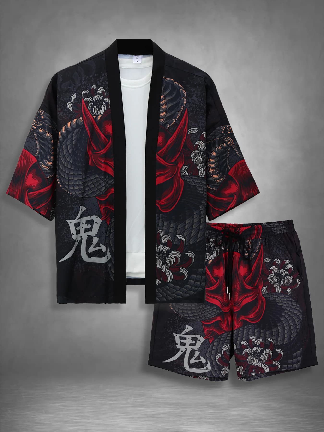 Set Kimono Giapponese da Uomo con Maschera Oni, 2 Pezzi: Kimono a Sette Maniche e Pantaloncini con Coulisse