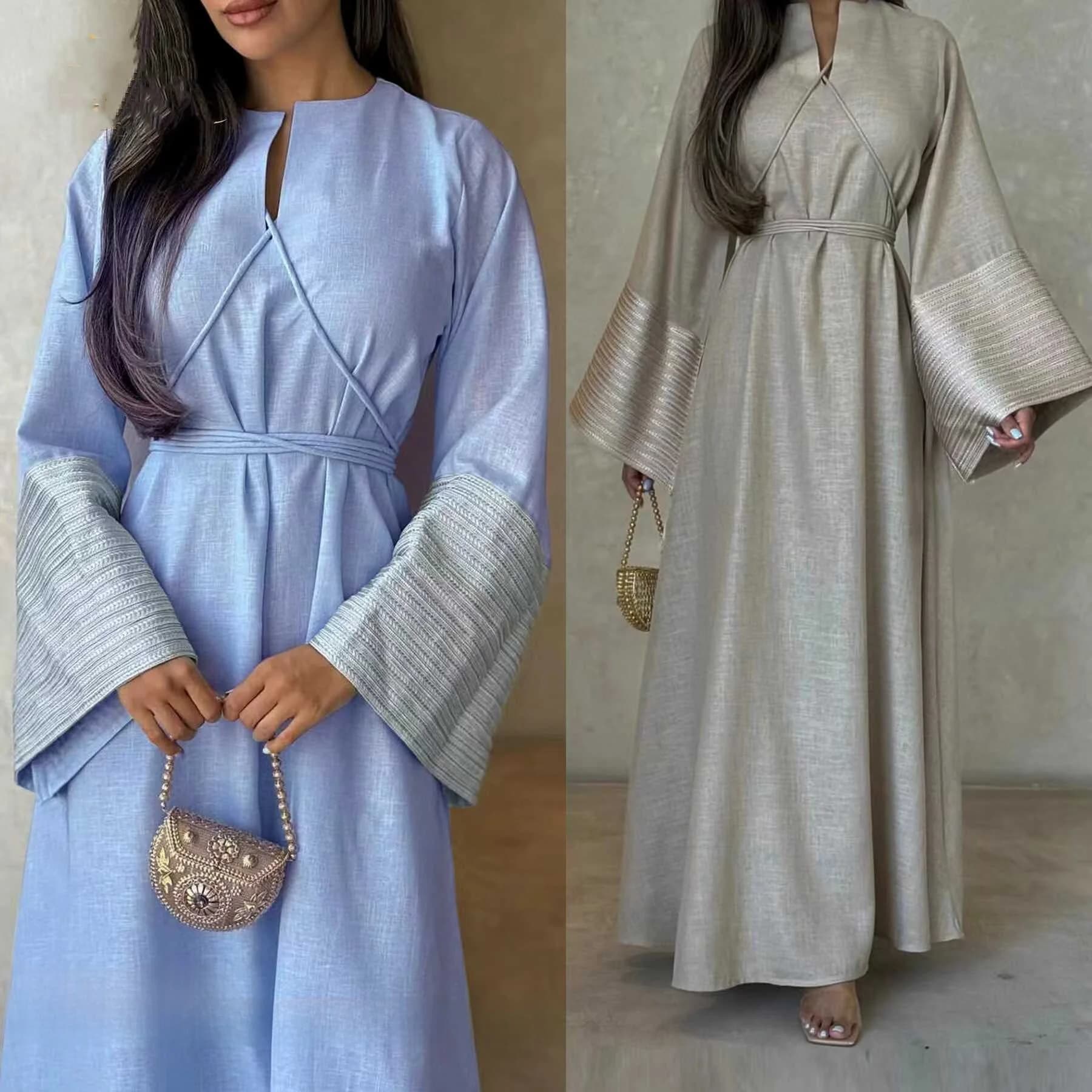 Elegant Embroidered V-neck Dress Ethnic Style Fashionable Party Dress Long Sleeve High Waist Floor Length Single Color Gown