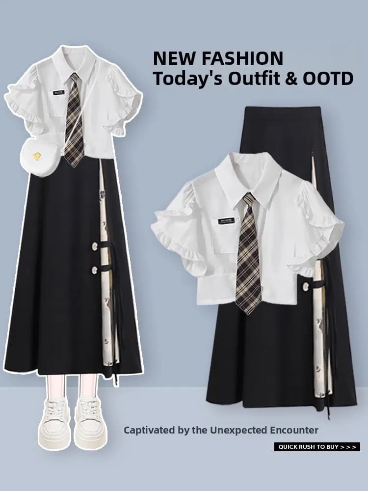 Completo due pezzi estivo da donna: T-shirt a maniche corte stile college e gonna asimmetrica a vita alta