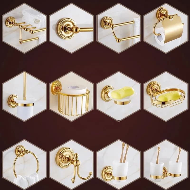 Portasciugamani da bagno in ottone dorato Porta carta igienica Porta sapone Anello portasciugamani Porta asciugacapelli Porta accappatoio Set di accessori
