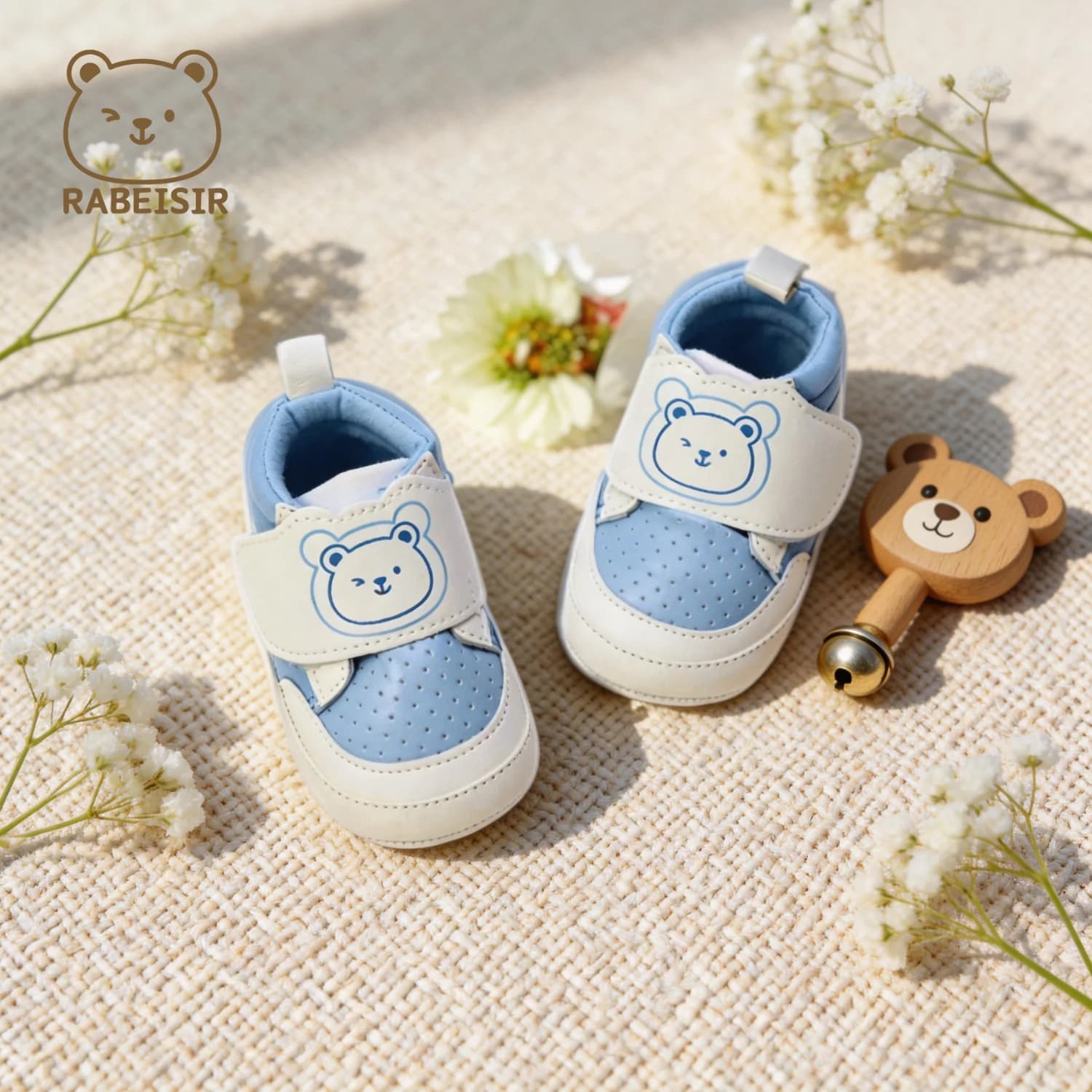 Baby Toddler Shoes with Bear Design, Large Velcro Straps, Breathable Sports Shoes, New Spring and Autumn Model for Boys, Pre-Walking Shoes