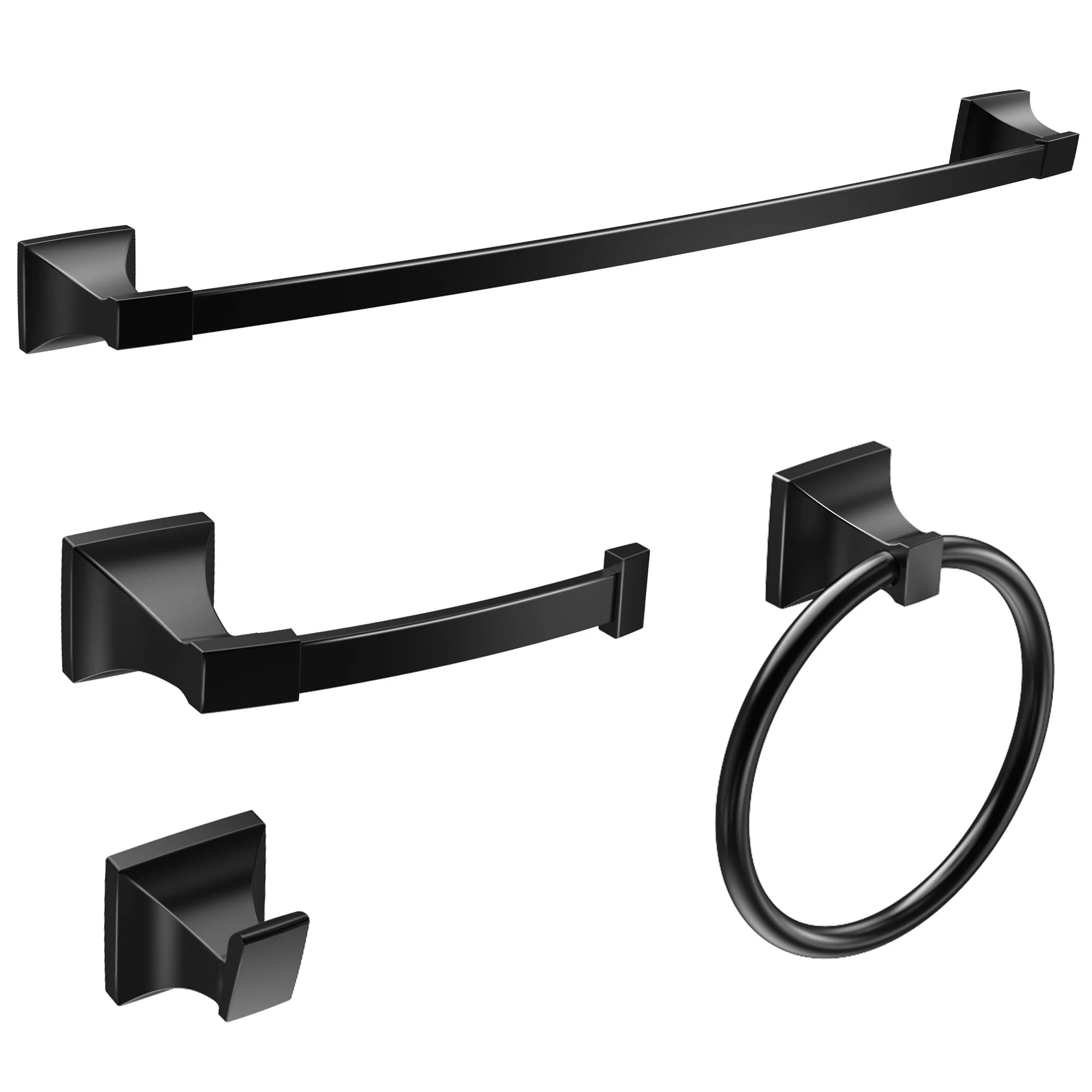Set di accessori da bagno a parete da 4 pezzi, nero opaco – Include portasciugamani da 24 pollici, anello portasciugamani, gancio per accappatoio, porta carta igienica