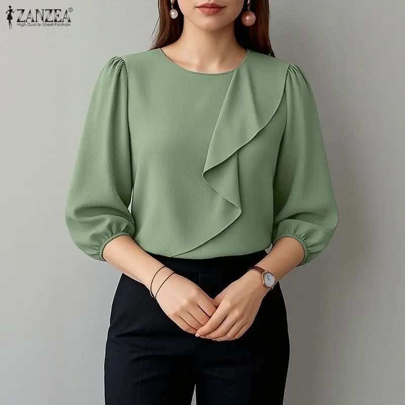 2026 ZANZEA Women Summer Solid Color Tops Ruffled Shirt Elegant 3/4 Sleeve Work Blouse Casual O Neck Holiday Tunic Mujer Femme