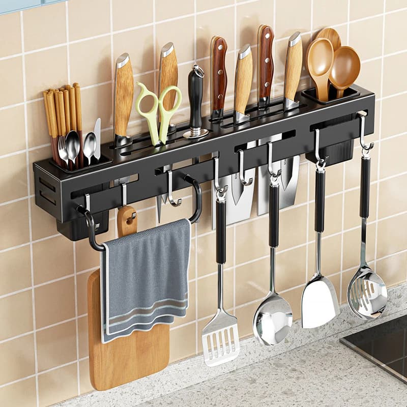 Wall Mounted Knife Holder No Drill Kitchen Knife Rack Multi Function Utensil Storage Rack Chopstick Holder Organizer Stand