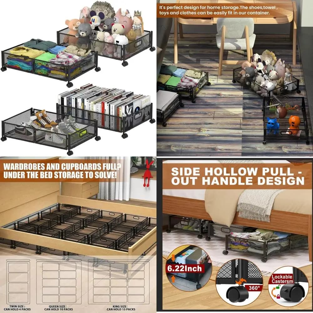 Set of 4 Foldable Organizing Boxes Under the Bed with Handles and Wheels for Shoes, Dresses and Toys - Black