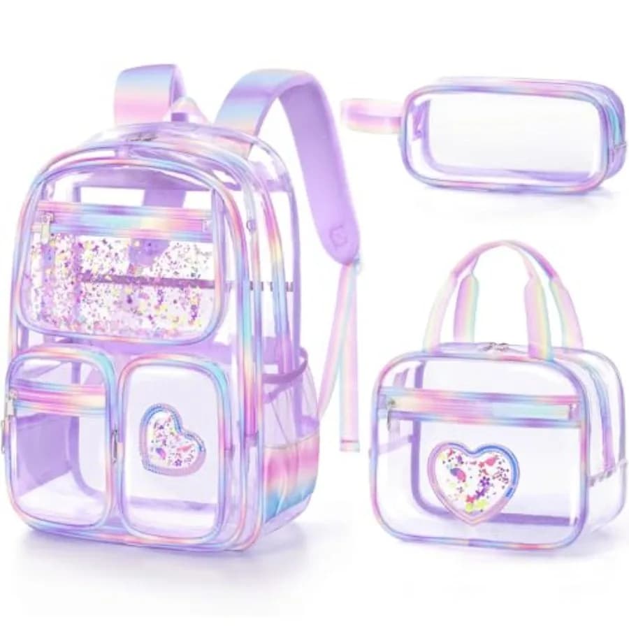 Zaino Trasparente per Ragazze, Set da 3 Pezzi, Zaino Resistente in PVC Trasparente per Ragazze Adolescenti, Approvato per Scuola, Concerti, Eventi in Stadio