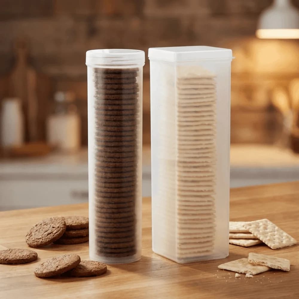 2 contenitori in plastica per biscotti, rotondi/rettangolari, ermetici, con coperchio, trasparenti, per conservare alimenti e pasta.
