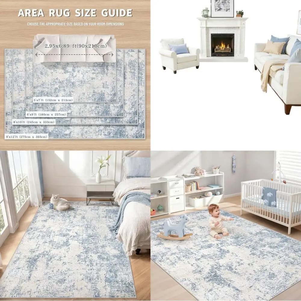 Modern Carpet Abstract Neutro 6x9, Washable, Soft, Anti-slip, Pelo Corto for Various Rooms (Blu)
