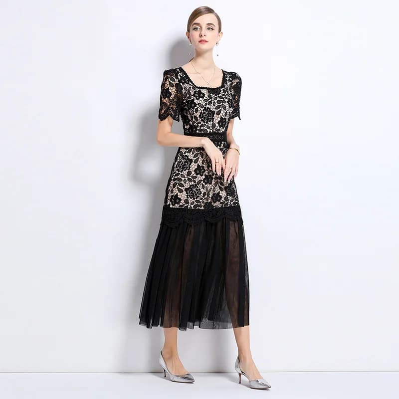 Luxury Brand Women's Evening Dress Summer Short Sleeve Embroidery Crochet Lace Long Tulle Bodycon Cake Style Formal Dress