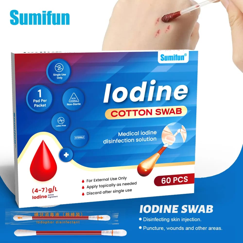 60Pc Sumifun Alcol medico monouso Cura di emergenza Forniture sanitarie Bastone di cotone Tampone di iodio Tampone disinfettato Kit di pronto soccorso