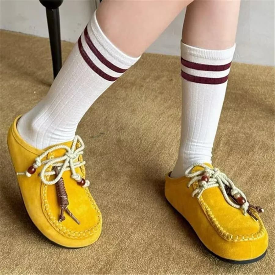 Mules da donna a punta chiusa con suola spessa, in camoscio, con plateau e lacci incrociati, scarpe piatte comode per esterni e vacanze