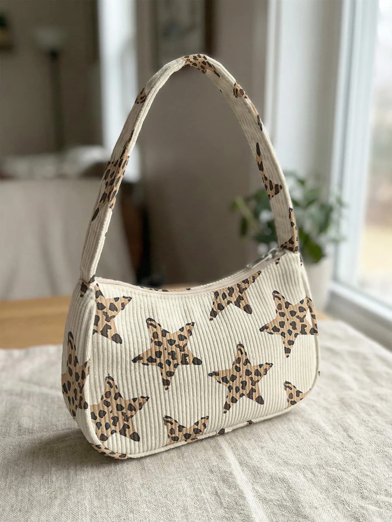 Trendy Leopard Star Print Shoulder Bag, Corduroy Underarm Bag for Daily Casual Use