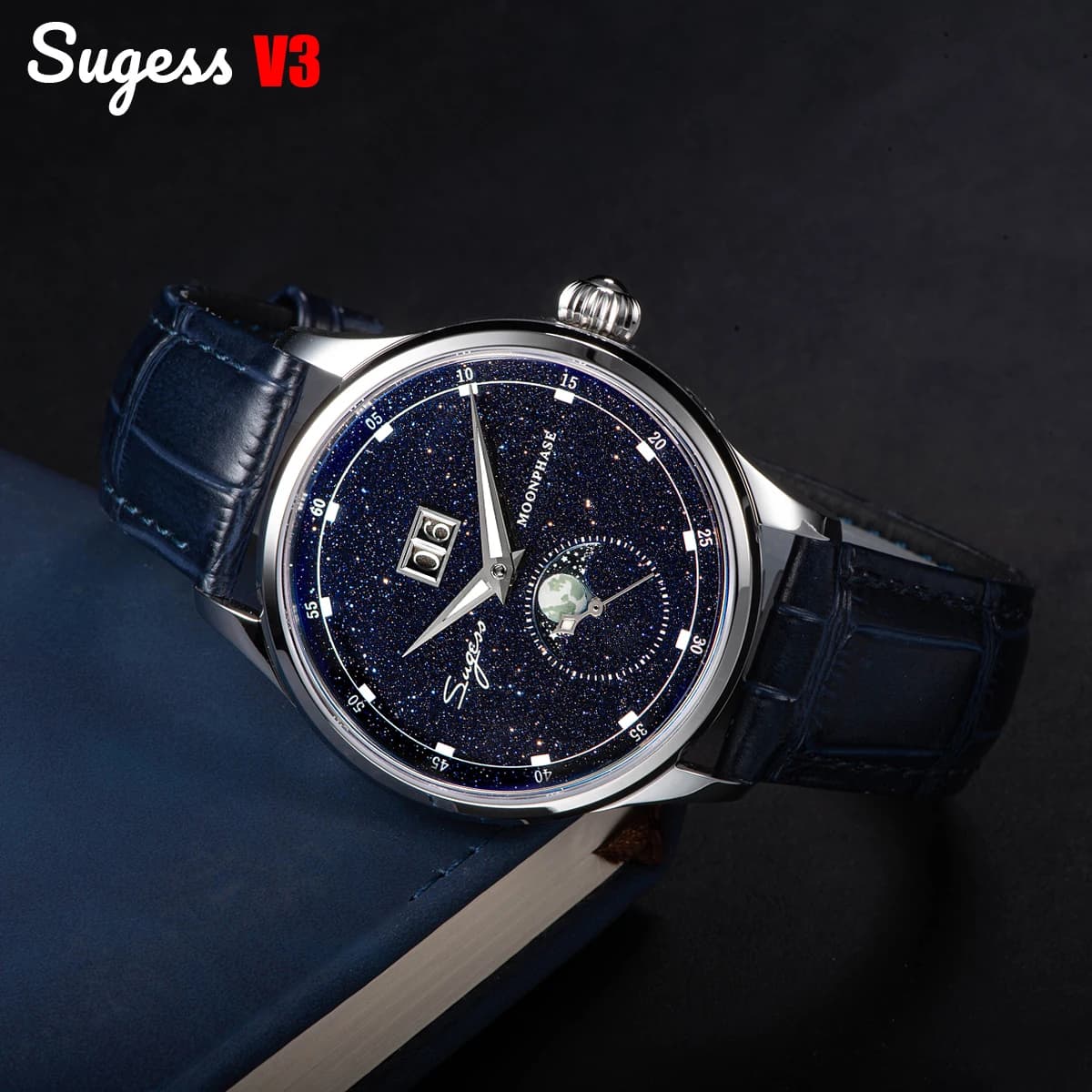 Sugess Moonphase Men's Watch 40mm Automatic mechanical wrist watches Seagul ST2528 Stainless steel movement Blue sandstone dial